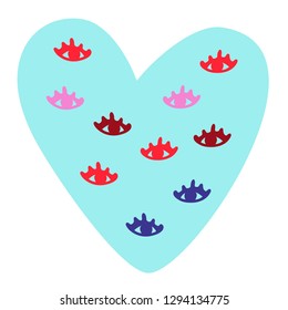 Happy Valentines Day Typographic postcard. Instagram format. Doodle style. Light blue or aquamarine Heart with many eyes. Vector Illustration of a Valentine s Day. Isolated image on white Background.