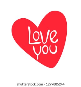 Happy Valentines Day Typographic postcard. Square format. Lettering words Love you on red heart. Vector Illustration of a Valentine s Day. Isolated image on white Background.