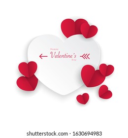 Happy Valentines Day typographic poster. Design for holiday events, white and red hearts, linear text on white background. Vector illustration, mobile app
