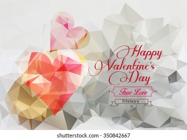 Happy Valentine's Day! Typographical background on the pink geometric hearts