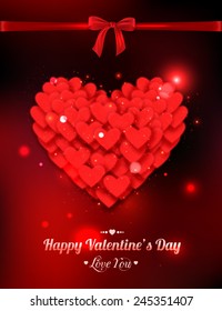 Happy Valentine's day typographical glow holiday background with shining soft hearts, blurred bokeh lights, red bow and place for text.
