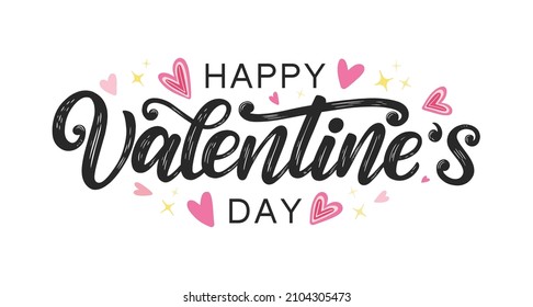 Happy Valentine's day typography banner decorated by hand drawn doodle hearts. Saint Valentine's day hand sketched lettering isolated on white.