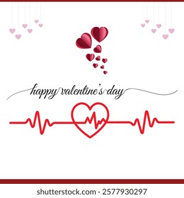 happy valentines day typography banner poster card with red hearts, heart outline in red color with lifeline and hanging hearts as background vector illustration isolated on white background