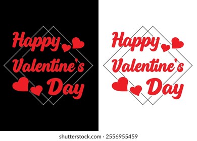 "Happy Valentine's Day" typography design perfect for valentine's day cards, t-shirts, mugs, and other valentine's day gifts. available in black and white versions for easy customization.