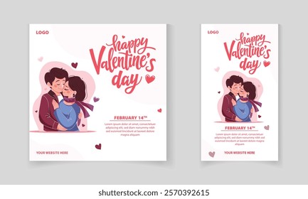 Happy Valentine's Day typography design with Cute cartoon kissing couple for social media post