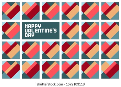 Happy valentine's day typography with geometric hearts pattern collage. Valentine banner with geometric abstract background. Eps10.