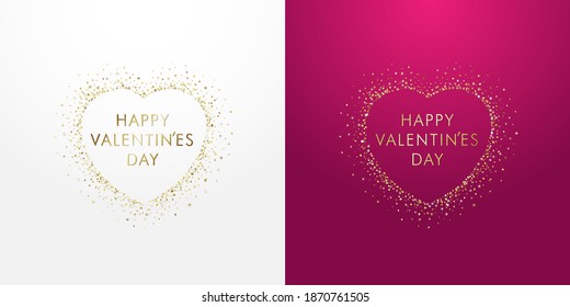 Happy Valentines Day typography in golden sparkling stroke heart with dust glitter graphic, white and pink backgrounds. Decorative glowing dots, shiny texture, creative design. Luxury love vector sign