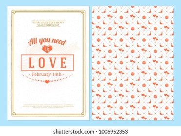 Happy Valentines Day typography greeting card. Vector design double sided template with seamless background and romantic signs