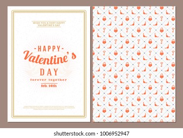 Happy Valentines Day typography greeting card. Vector design double sided template with seamless background and romantic signs