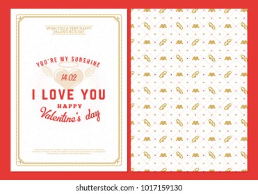 Happy Valentines Day typography greeting card. Vector design double sided template with seamless background and romantic signs