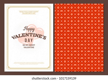 Happy Valentines Day typography greeting card. Vector design double sided template with seamless background and romantic signs