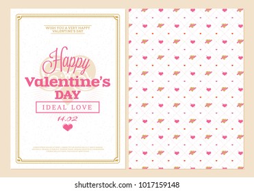 Happy Valentines Day typography greeting card. Vector design double sided template with seamless background and romantic signs