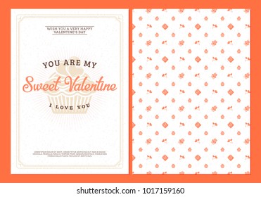 Happy Valentines Day typography greeting card. Vector design double sided template with seamless background and romantic signs