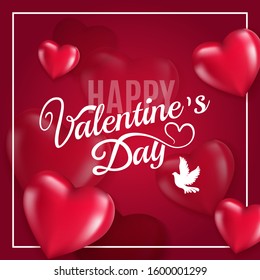 Happy Valentines Day typography greeting card, poster, banner, vector illustration with handwritten calligraphy white text, with 3d hearts isolated in red background with white frame