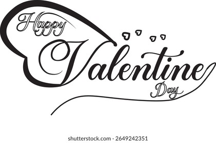 Happy Valentine's day typography greeting card with flourishes and black hearts. Cute Valentine's day design for banner, party, sale promotion, print etc. Flat style vector illustration