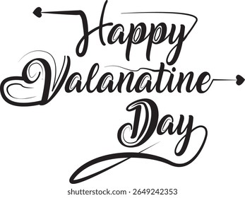 Happy Valentine's day typography greeting card with flourishes and black hearts. Cute Valentine's day design for banner, party, sale promotion, print etc. Flat style vector illustration