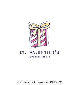 Happy Valentines day typography greeting card. Love quote. Sketch linear style illustration for Valentines day with package gift. Colorful icon