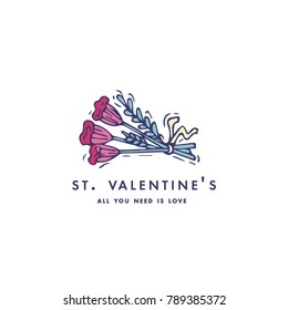 Happy Valentines day typography greeting card. Love quote. Sketch linear style illustration for Valentines day with bouquet of flowers. Colorful icon