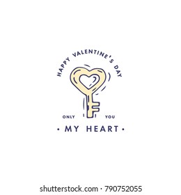 Happy Valentines day typography greeting card. Love quote. Sketch linear style illustration for Valentines day with heart key. Colorful icon