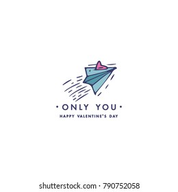 Happy Valentines day typography greeting card. Love quote. Sketch linear style illustration for Valentines day with paper airplane and heart. Colorful icon