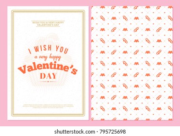 Happy Valentines Day typography greeting card. Vector design double sided template with seamless background and romantic signs