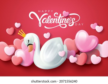 Happy Valentines Day typography with handwritten calligraphy text, with swan and 3d hearts Vector Illustration