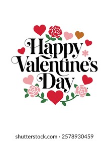 Happy Valentine's Day Typography with Hearts and Roses Design.