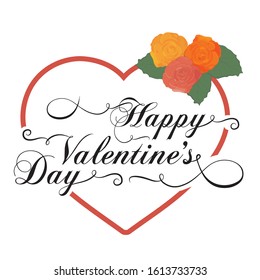 Happy Valentine's Day typography inside heart with colorful roses, vector