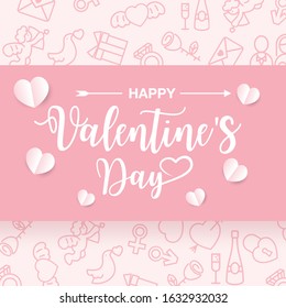 Happy Valentines Day typography, with love icon set in line art style, Vector