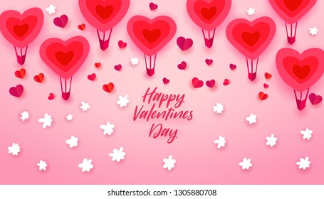 Happy Valentines day typography with paper art cut out red heart doodle shapes balloon flying and hearts decorations on pink background. Vector illustration. Love symbols banner