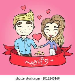 Happy Valentines Day typography postcard love couple with handwritten text, isolated on white background. Vector Illustration