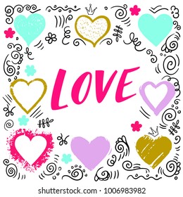 Happy Valentines Day typography poster with handwritten calligraphy text  LOVE, hearts isolated on white background. Vector Illustration. 