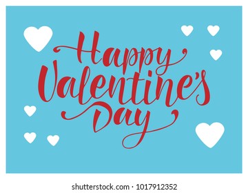 HAPPY VALENTINES DAY- typography poster.Red lettering with white hearts on  a blue background. Vector illustration.Celebration quotation for card,postcard,event,icon,logo,badge.