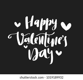 
Happy Valentines Day typography poster with white handwritten calligraphy text, isolated on dark background with hearts