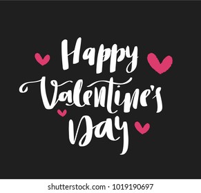 
Happy Valentines Day  typography poster with white handwritten calligraphy text, isolated on dark background with pink hearts
