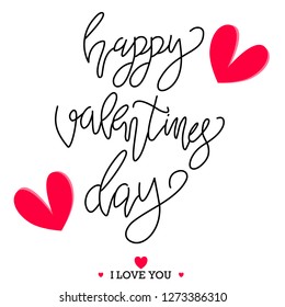 Happy Valentines Day typography poster with handwritten calligraphy text with hearts on white background 