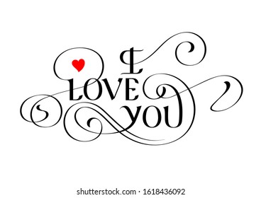 Happy Valentines Day typography poster with handwritten calligraphy text "I love you", new holiday trendy greeting card, can be used for your design or print somewhere