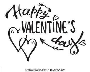 Happy Valentines Day typography poster. Handwritten lettering text decorating with hearts and arrows. Amour symbols. Black quote isolated on white background - vector