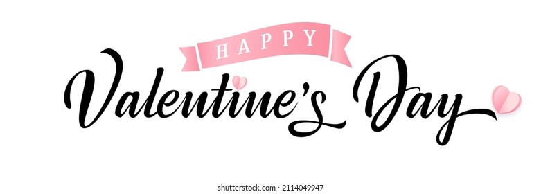 Happy Valentines Day typography poster. Valentine's Day postcard with elegant lettering and origami paper flying elements. Vector symbols of love in shape of heart for special offer web banner