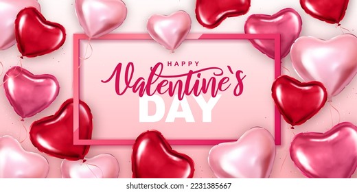 Happy Valentines Day  typography poster with pink heart shaped balloons. Vector illustration
