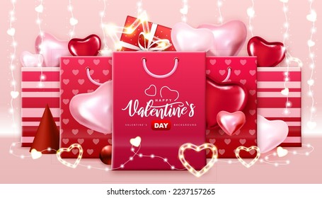 Happy Valentines Day  typography poster with 3D love hearts and paper bags. Vector illustration
