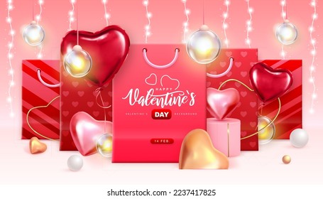Happy Valentines Day  typography poster with 3D love hearts and paper bags. Vector illustration