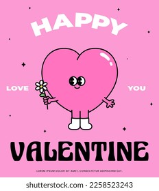 Happy valentine's day Typography poster. Hippie 60s 70s retro style. Y2K aesthetic. Heart character banner, Background and lettering quote. Groovy template, Greeting card. Trendy Vector illustration.