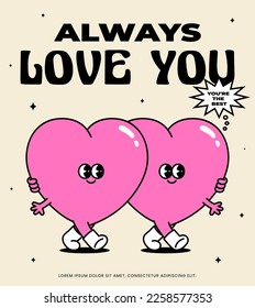 Happy valentine's day Typography poster. Hippie 60s 70s retro style. Y2K aesthetic. Heart character banner, Background and lettering quote. Groovy template, Greeting card. Trendy Vector illustration.