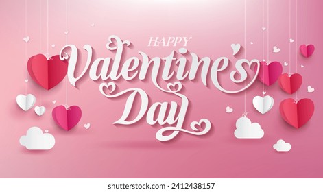 Happy Valentine's Day typography poster with handwritten calligraphy text and heart shape elements. Vector Illustration - Vector