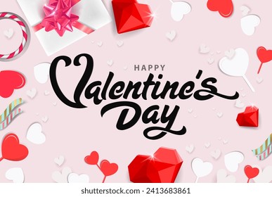 Happy Valentine's Day typography poster with handwritten calligraphy text and heart shape elements