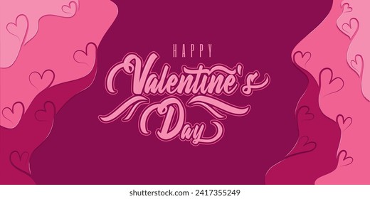 Happy Valentine's Day typography poster with paper cut decorations on maroon background. Vector illustration