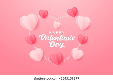 Happy Valentine's day typography poster background. Beautiful paper cut pink heart on pink background. Romantic Background Theme, Banner for Valentine's Day