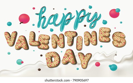 Happy Valentines Day typography poster with candy calligraphy text, isolated on white background. Vector Illustration