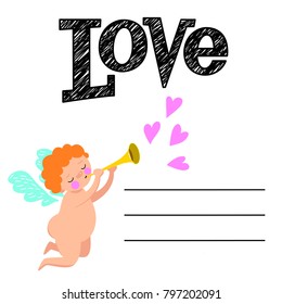 Happy Valentines Day typography poster with handwritten calligraphy text, isolated on white background. Vector Illustration. Angels with pipe.